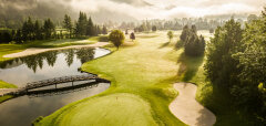 Golfové hřiště s jezírkem, mostem a stromy v horách