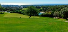 Zelené golfové hřiště s výhledem na moře a stromy