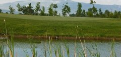 Jezírko s rákosím a golfové hřiště s horami v pozadí