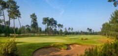 Golfové hřiště s pískovým bunkrem a stromy na pozadí