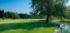 Golfové hřiště s jezírkem a stromy za slunečného dne