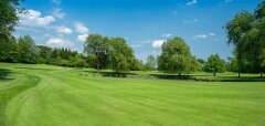 Zelené golfové hřiště s několika stromy a modrou oblohou
