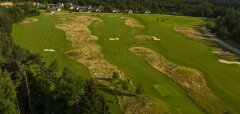 Golfové hřiště s jamkami a okolními stromy a domy