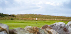 Golfové hřiště s jamkou a kamennou zdí v popředí