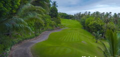 Golfové hřiště s cestou a tropickými stromy kolem