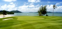 Golfové hřiště u moře s palmami a modrou oblohou
