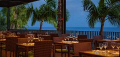 Terasa restaurace s výhledem na moře a palmy večer