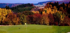 Golfové hřiště s podzimními stromy v pozadí