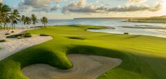 Golfové hřiště u moře s palmami a pískovým bunkrem