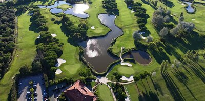 Zelené golfové hřiště s několika stromy a mlhou v pozadí