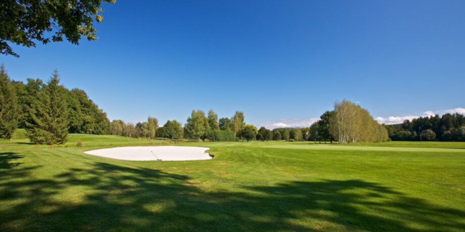 Golfové hřiště s pískovým bunkrem a stromy v pozadí